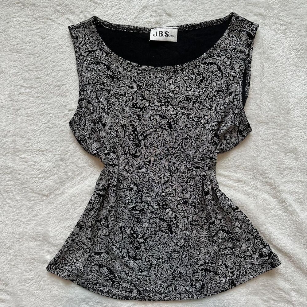 Vintage J.B.S. Tank Top \ 90s Textured Black Paisley Tank Top w. Silver Glitter